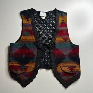 Vintage You Babes Southwestern Crochet Lace Back Vest Small Black Multi 2000